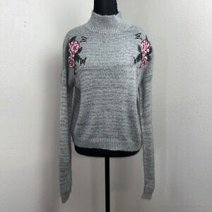 Cloud Chaser Pullover Sweater Women's Small Gray Floral Mock Neck Knit Butterfly